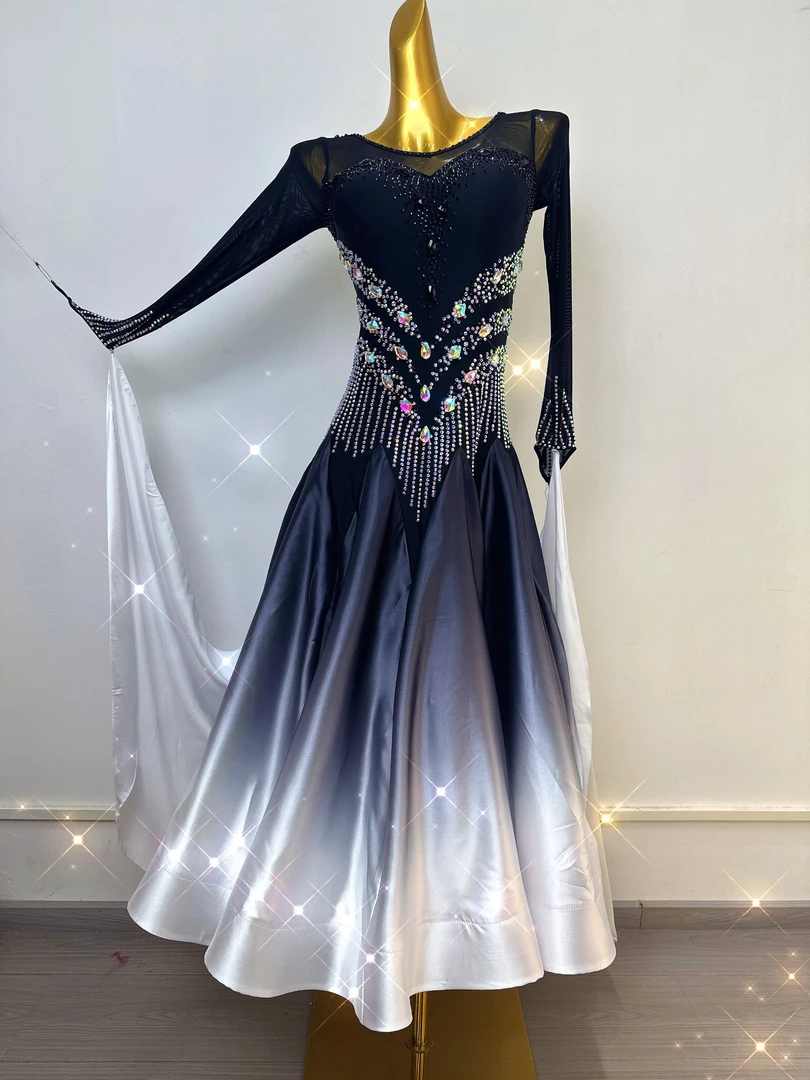 舞依阁新款摩登舞裙黑白缎面蝴蝶大飘舞裙国标华尔兹交谊舞高定