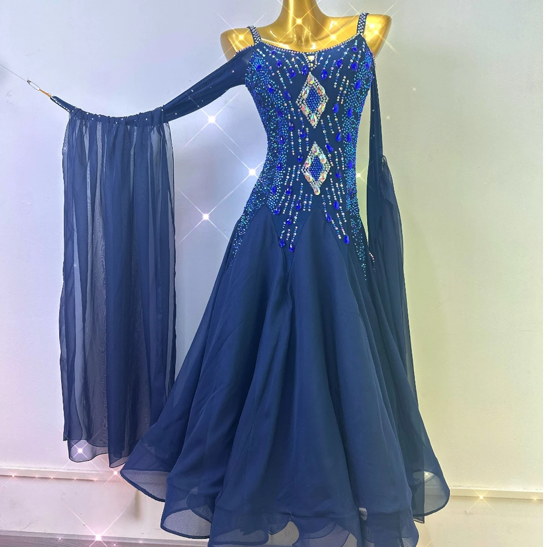 舞依阁新款藏青色大摆国标摩登舞表演赛华尔兹交谊舞定制舞裙高档