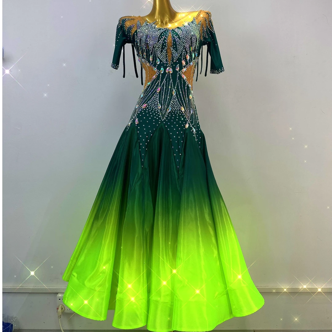 舞依阁新款进口料渐变绿摩登舞裙自由更换袖飘款式表演裙交谊舞