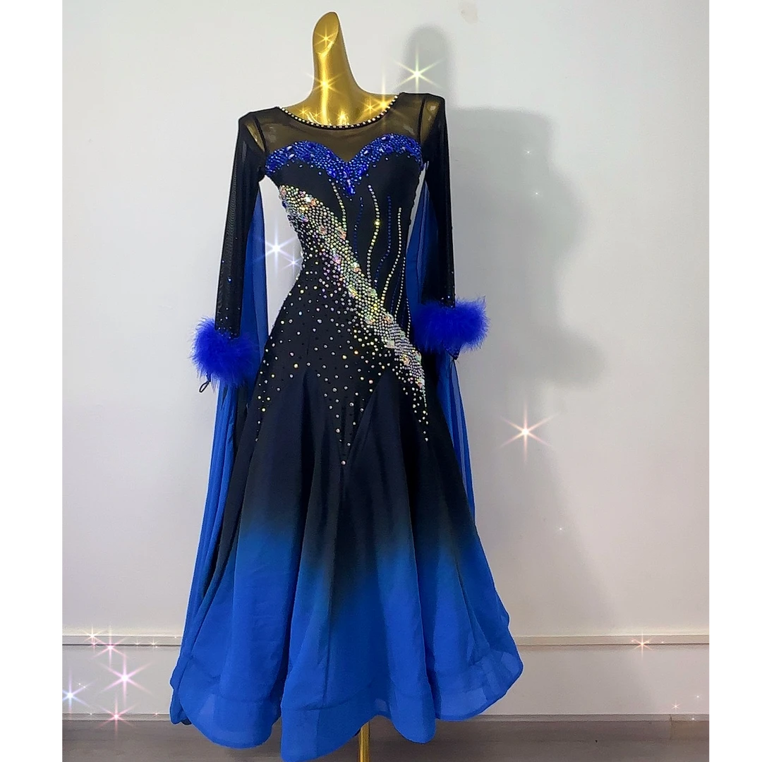 舞依阁新品定制款修身渐变蓝国标舞摩登舞裙表演赛服交谊舞