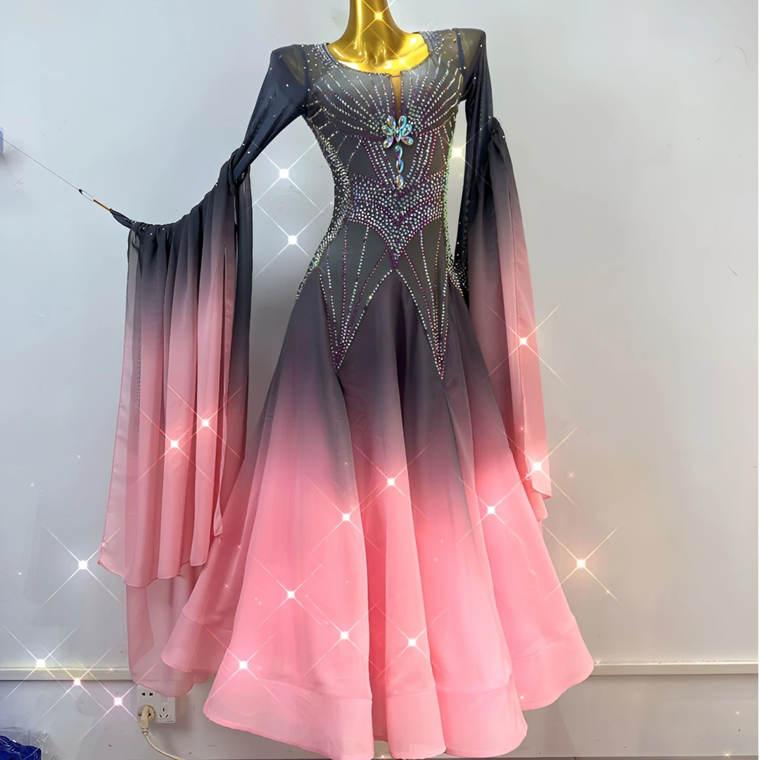 舞依阁新款摩登舞裙粉灰色渐变舞裙国标舞交谊舞大摆裙定制舞裙