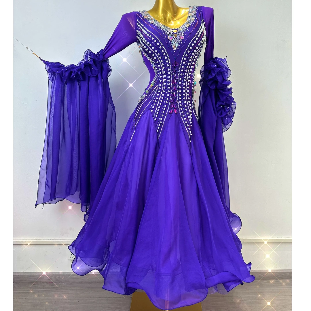 舞依阁新款紫色摩登舞裙V背连衣裙国标舞交谊舞华尔兹高档定制款