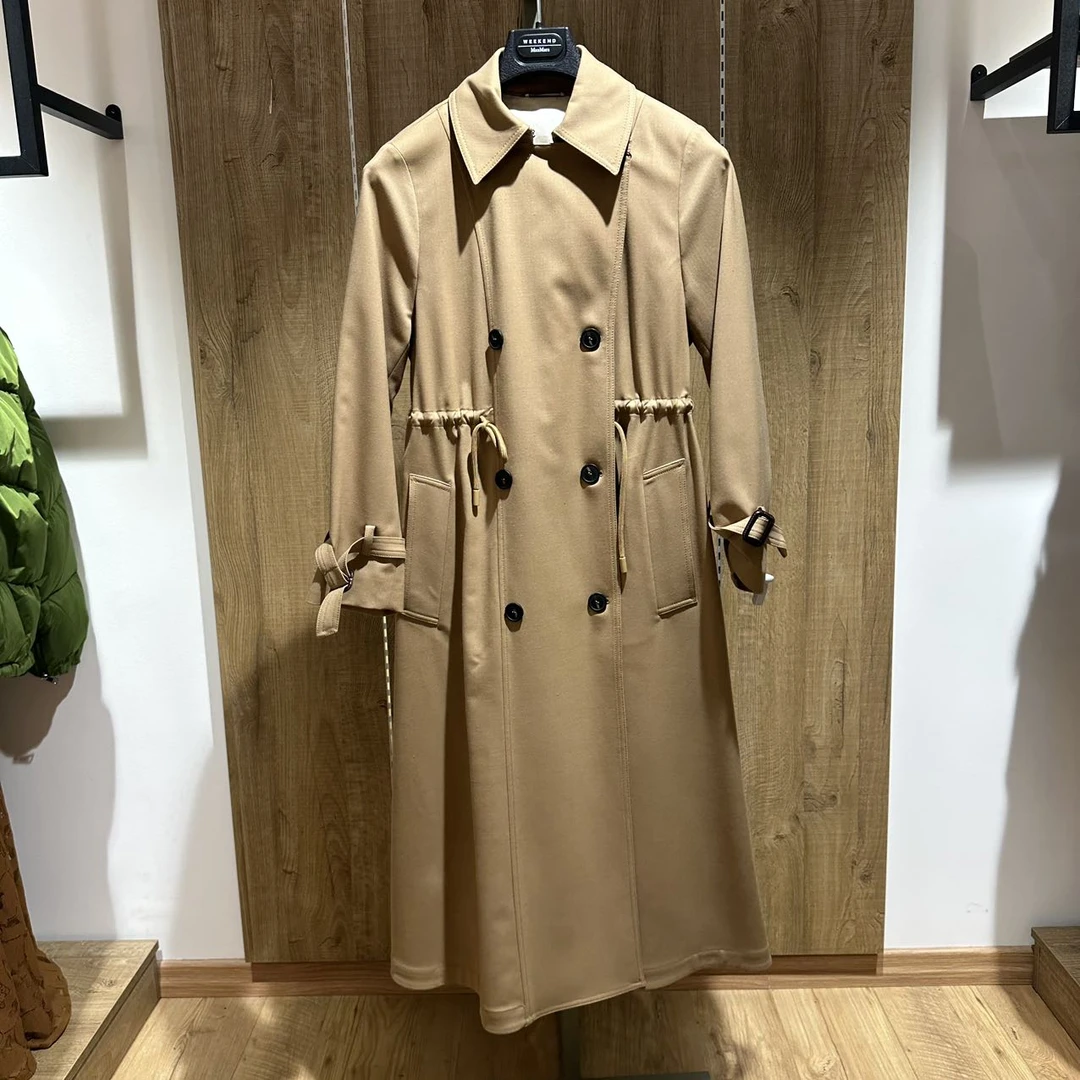 全新未使用 MaxMara 纯色双排扣翻领系带女式长款风衣 FATUO