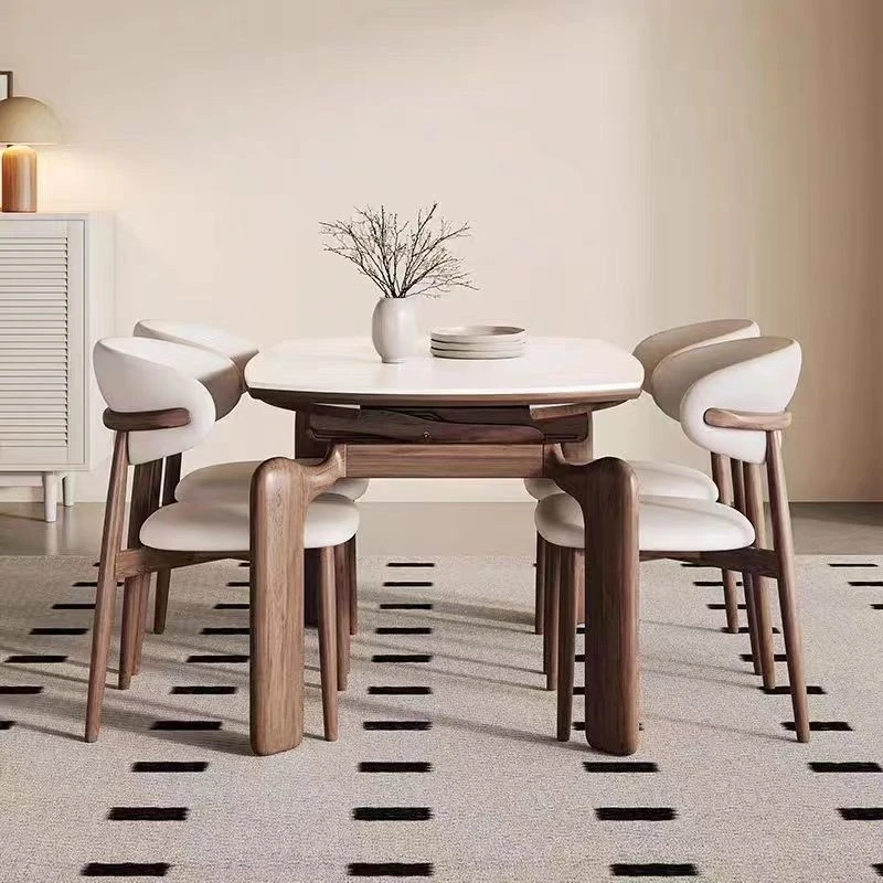 轻奢美式岩板实木餐桌椅组合可伸缩方变圆形小户型中式侘寂风饭桌