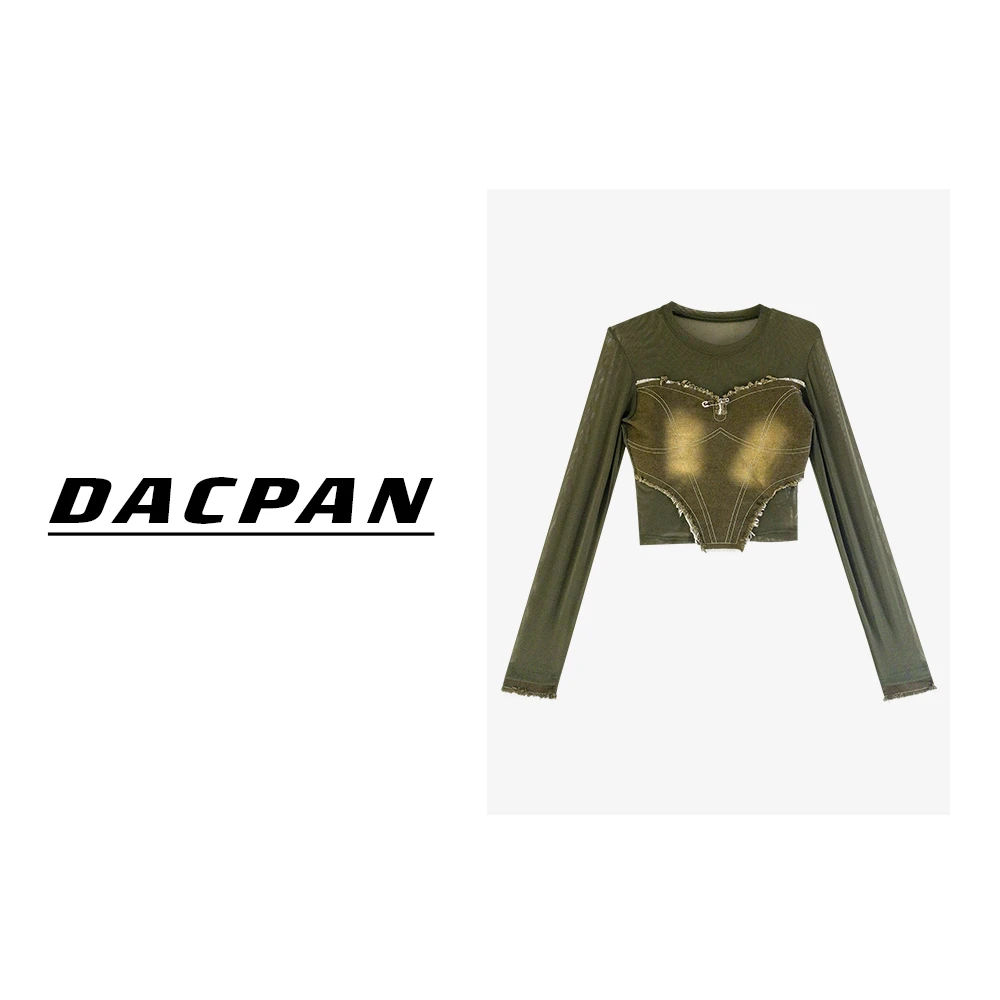 机场女孩』圆领拼牛仔别针长袖上衣