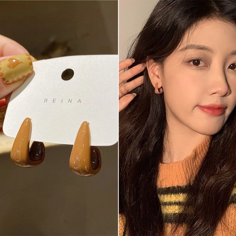 铜合金耳饰 高级感滴油U形耳环小众设计感耳钉韩国简约复古气质耳
