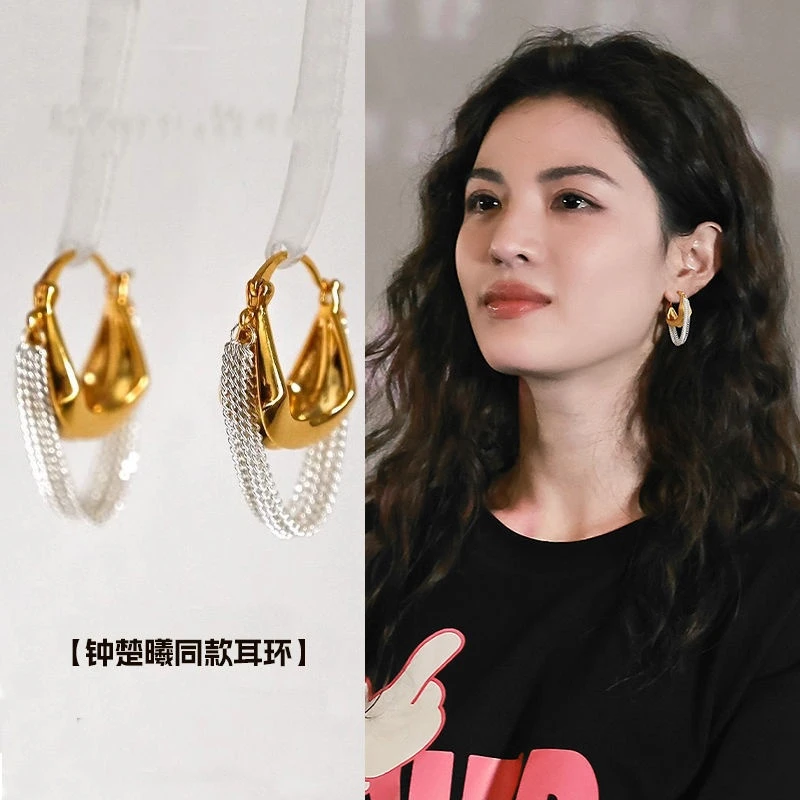 钟楚曦同款撞色设计气质链条流苏耳环小众复古高级感耳饰女