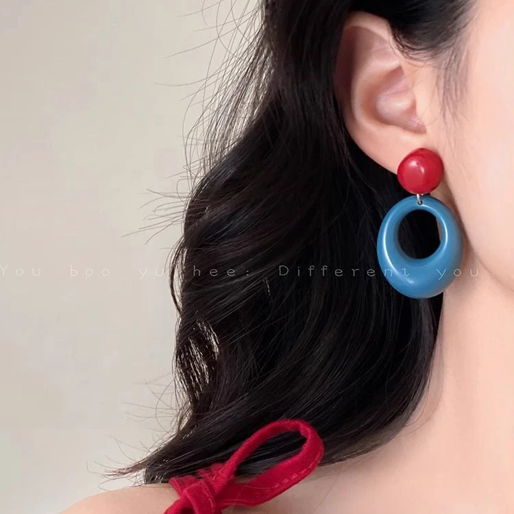 复古80港风撞色圆圈耳环女小众夸张大气显脸小耳钉海边度假风耳饰