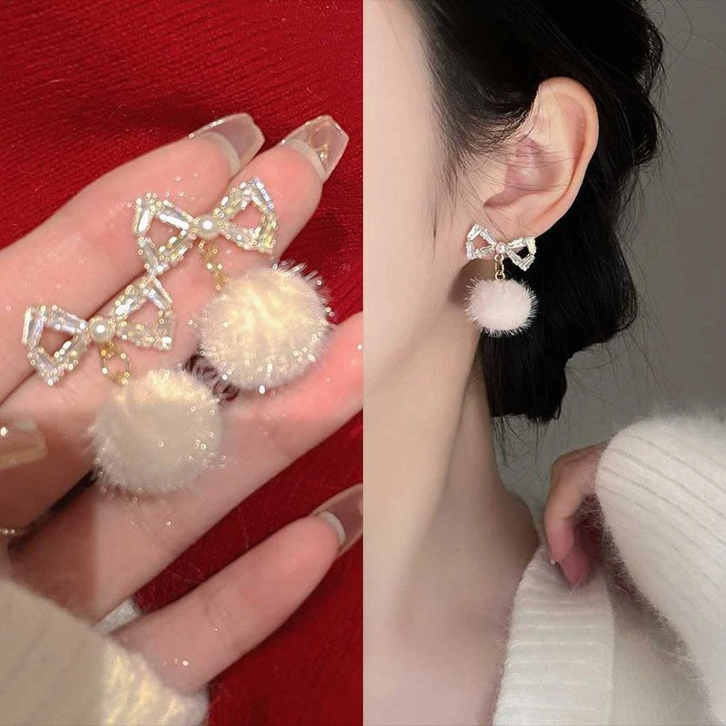 半笼暖色」过年毛球耳钉款有耳洞女毛绒耳环耳饰秋冬新年
