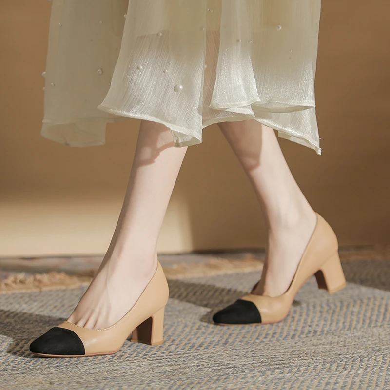 法式小香风杏色单鞋女秋时尚浅口气质高跟鞋春秋拼色黑色粗跟女鞋