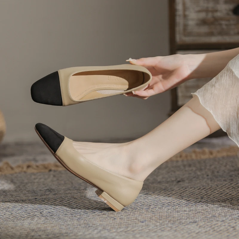 1.5CM平底圆头百搭平底新款真皮单鞋女软底方头温柔休闲浅口女鞋