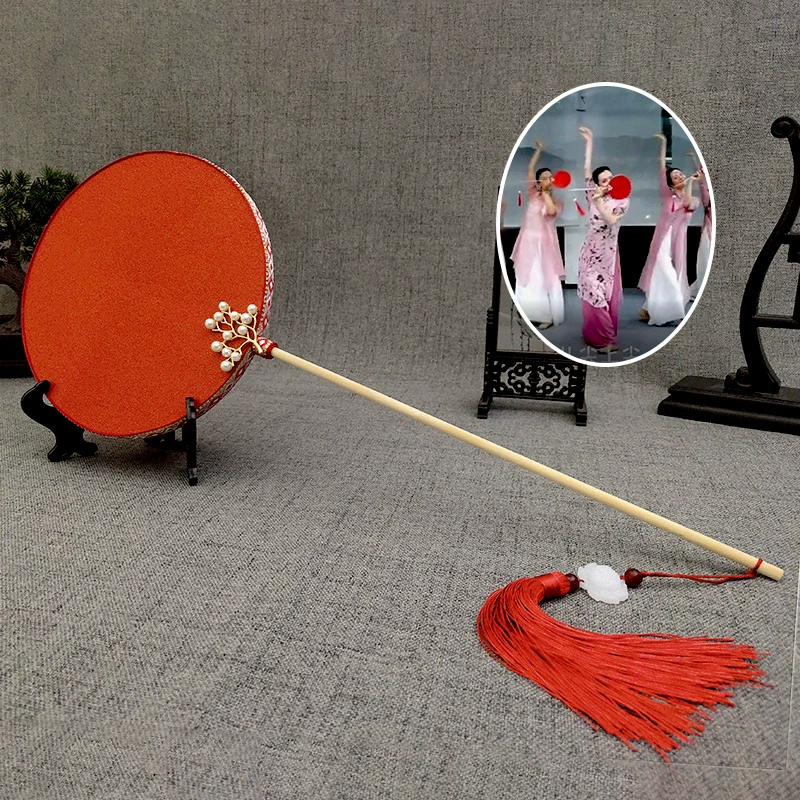 杏花落双面长柄古风团扇汉服红色烫金扇子古典舞蹈扇旗袍走秀专用