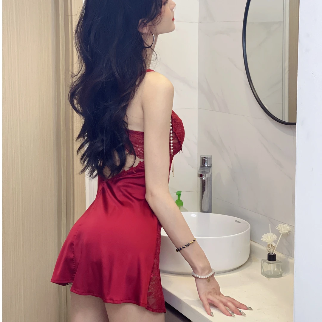性感蕾丝纯欲冰丝轻奢美背显瘦睡裙家居服吊带薄款法式睡衣红色