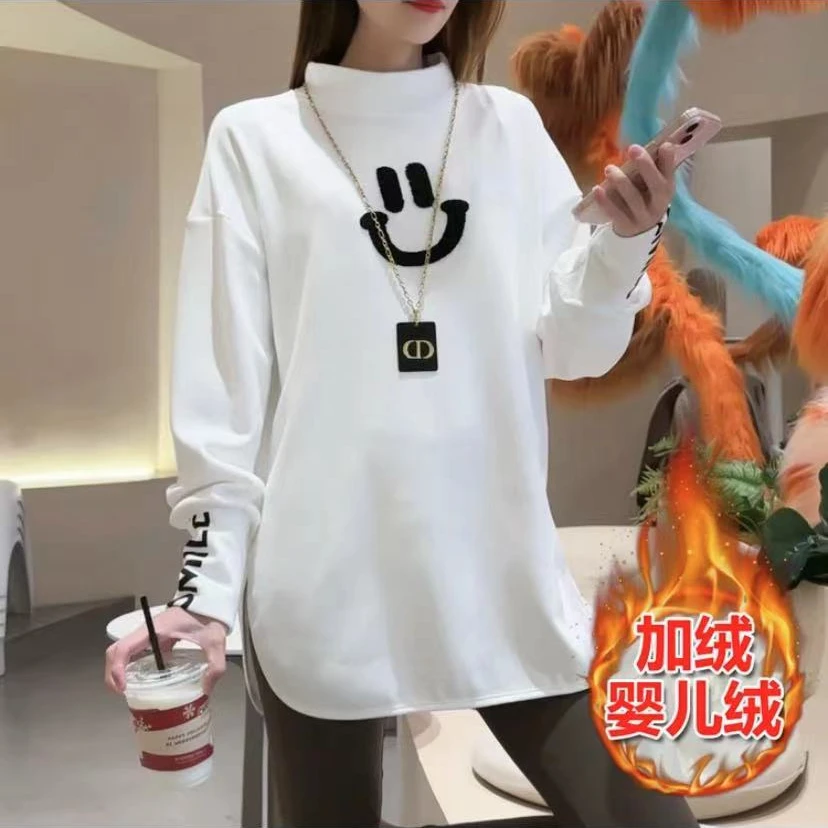 2024新款笑脸韩版宽松百搭加厚中长款长袖上衣