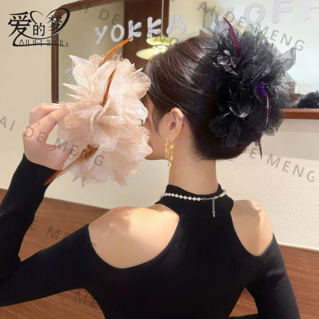 爱的梦时尚超仙羽毛花朵公主发夹女后脑勺大号鲨鱼夹
