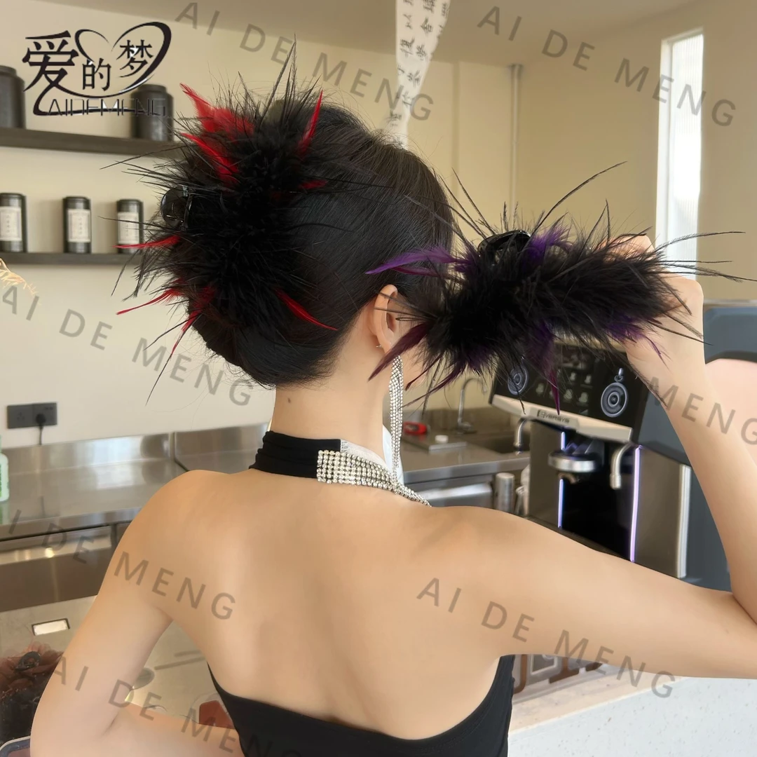 【买一送一】爱的梦羽毛抓夹高级感鸵鸟毛蓬松头发饰后脑勺鲨鱼夹