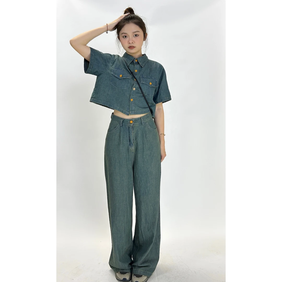 BAOBAO 水洗宽松牛仔短袖+显瘦阔腿裤夏季新款薄牛仔套装