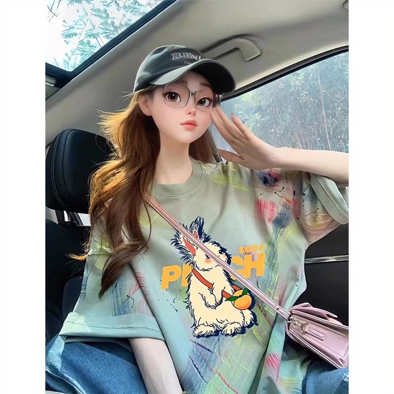 2025夏季新款彩色涂鸦扎染短袖t恤女美式潮牌设计感小众宽松上衣