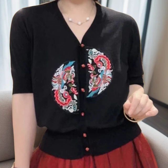【主播推荐】2024夏季新款修身中国风v领休闲上衣开衫针织短袖女