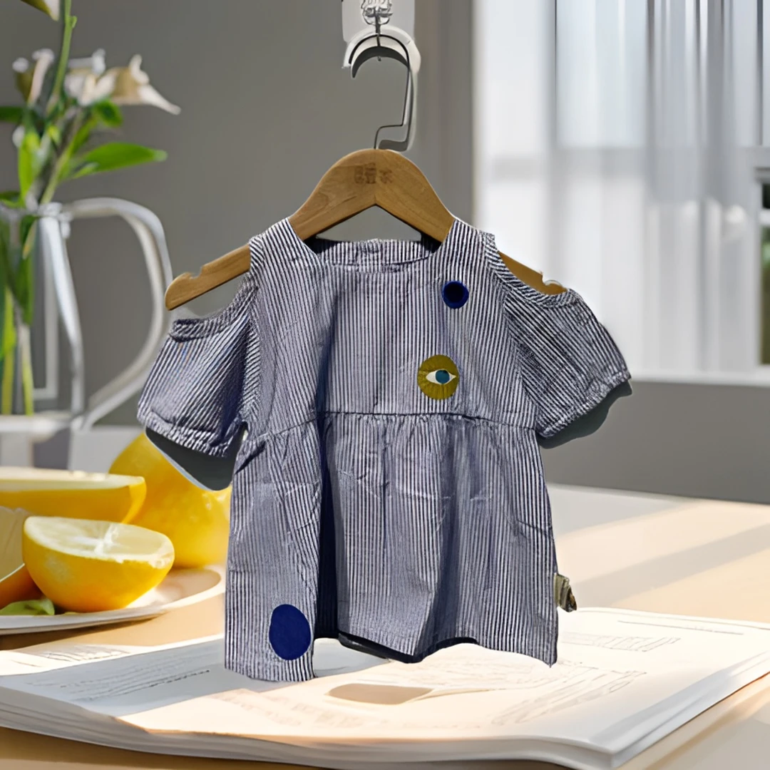 哎麻麻高品质9022267女童梭织条纹棉时尚衬衫洋气娃娃露肩韩版