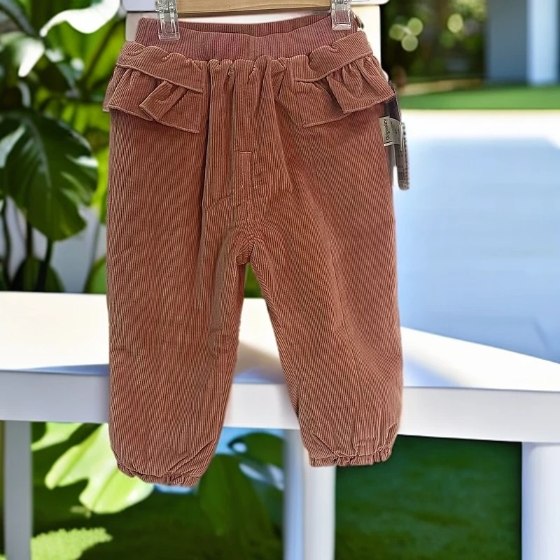 哎麻麻9042867女童夹棉加厚灯芯绒长裤宝宝日韩森系棉麻风童装