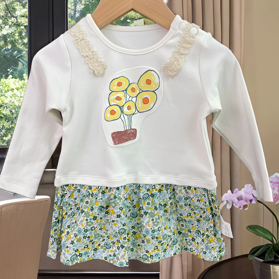 哎麻麻品质童装9112004碎花连衣裙女童假两件春秋韩版棉麻百搭