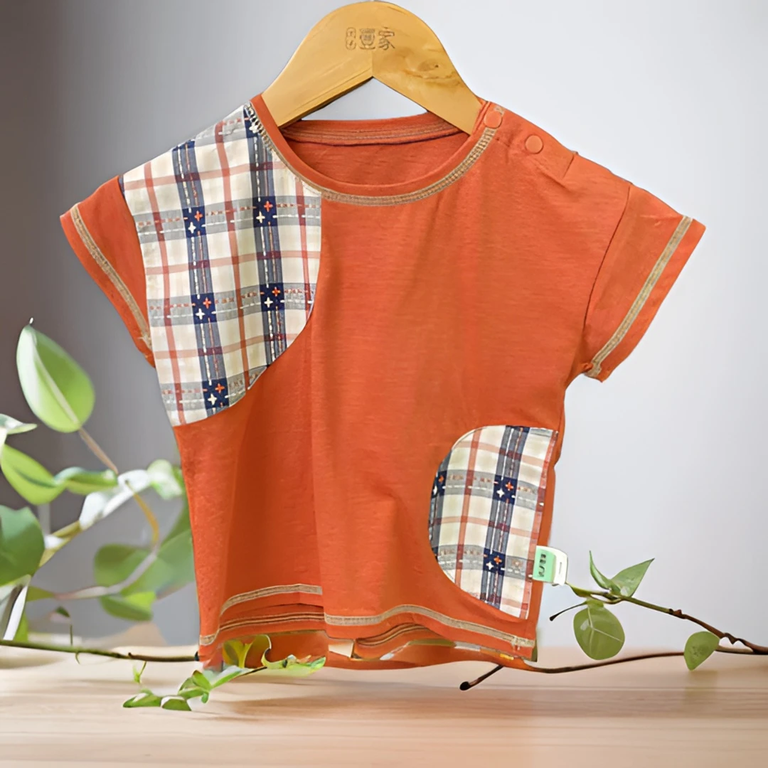 哎麻麻针织T恤 9021122 休闲夏季格子拼色简约韩版时尚舒适百搭