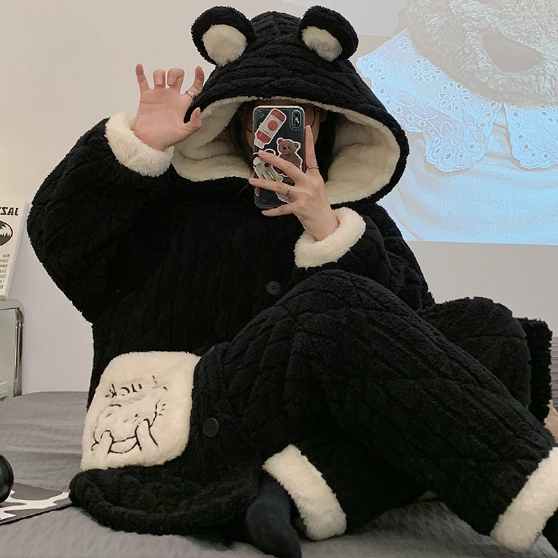 玉桂狗【零度以下】三层夹棉睡衣女秋冬季加绒加厚学生卡通家居服套