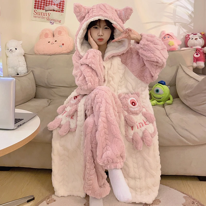 大眼仔加绒加厚珊瑚绒睡衣女冬季长款卡通连帽睡袍冬天保暖家居服