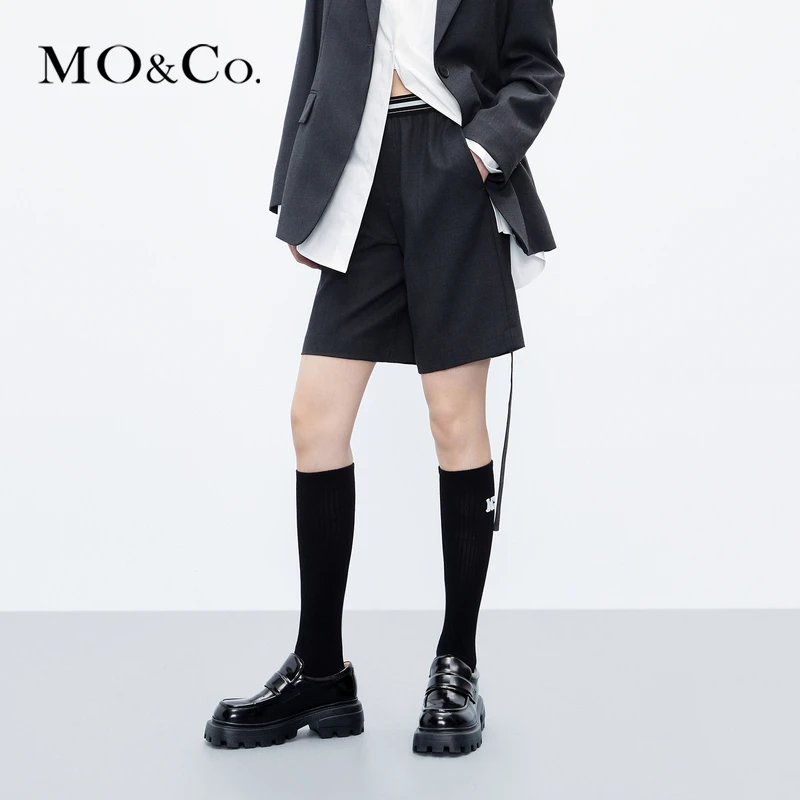 MOCO秋撞色织带拼接高腰直筒五分裤西装裤短裤MBC3SOTK01
