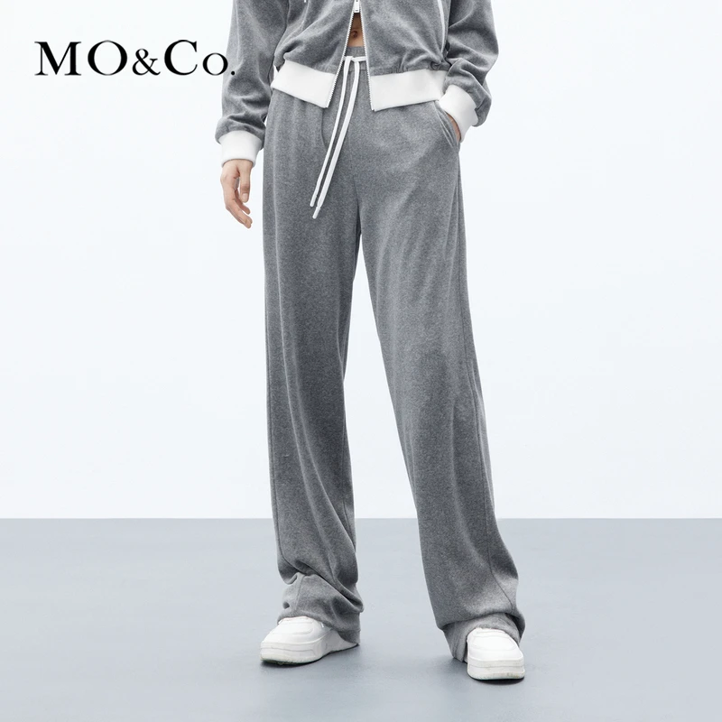 MOCO秋运动风抽绳高腰丝绒感直筒及地休闲裤MBC3PATK06