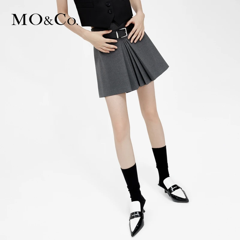 MOCO高腰压褶A字短裙半身裙附腰带白色灰色MBD2SKTT10