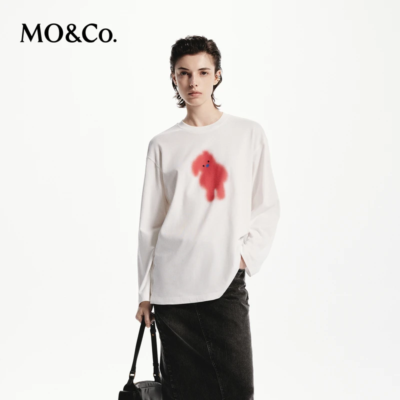 MOCO秋晕染卡通印花宽松圆领长袖T恤百搭MBD3TEET01
