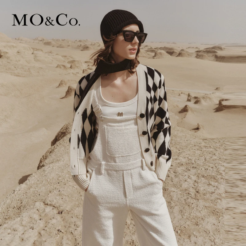 美丽诺绵羊毛MOCO秋黑白菱格针织开衫老钱风MBC3CART01