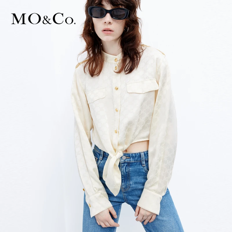 MOCO秋含桑蚕丝MC老花提花解构绑带短款衬衫MBC3SHT008
