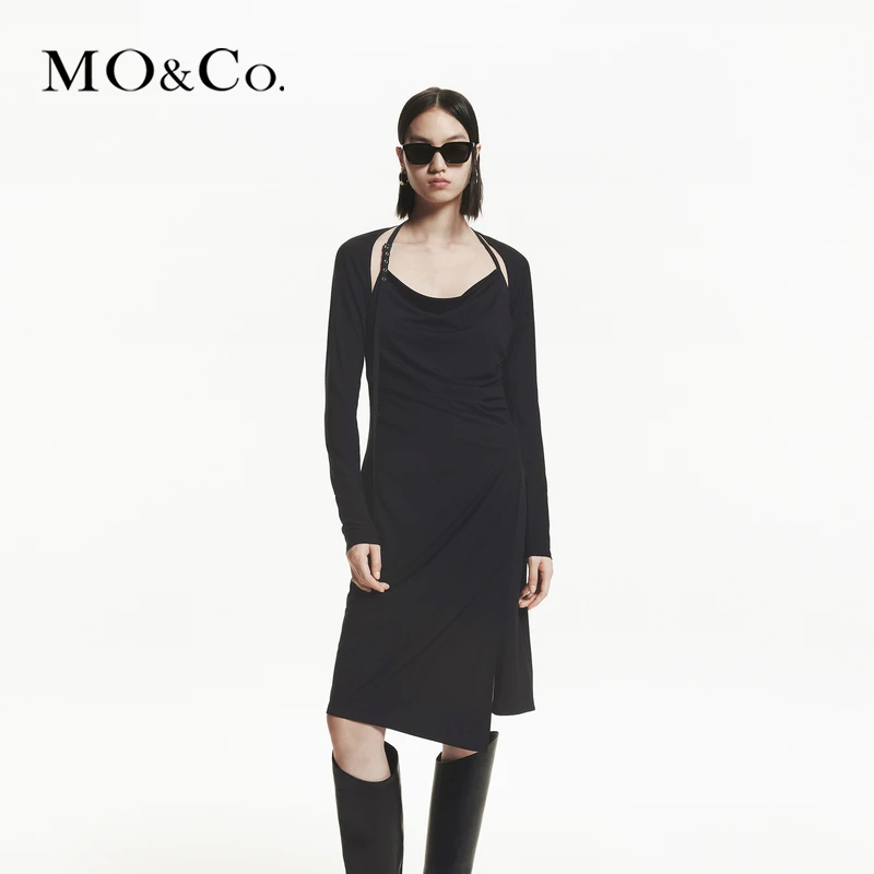MOCO秋【凉感三醋酸】假两件捏褶坎肩连衣裙MBD3DRS018