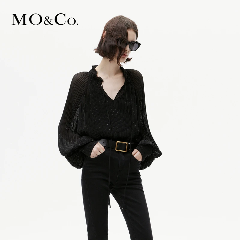 MOCO冬闪片褶理雪纺灯笼袖V领衬衫上衣附吊带MBC4TOP008