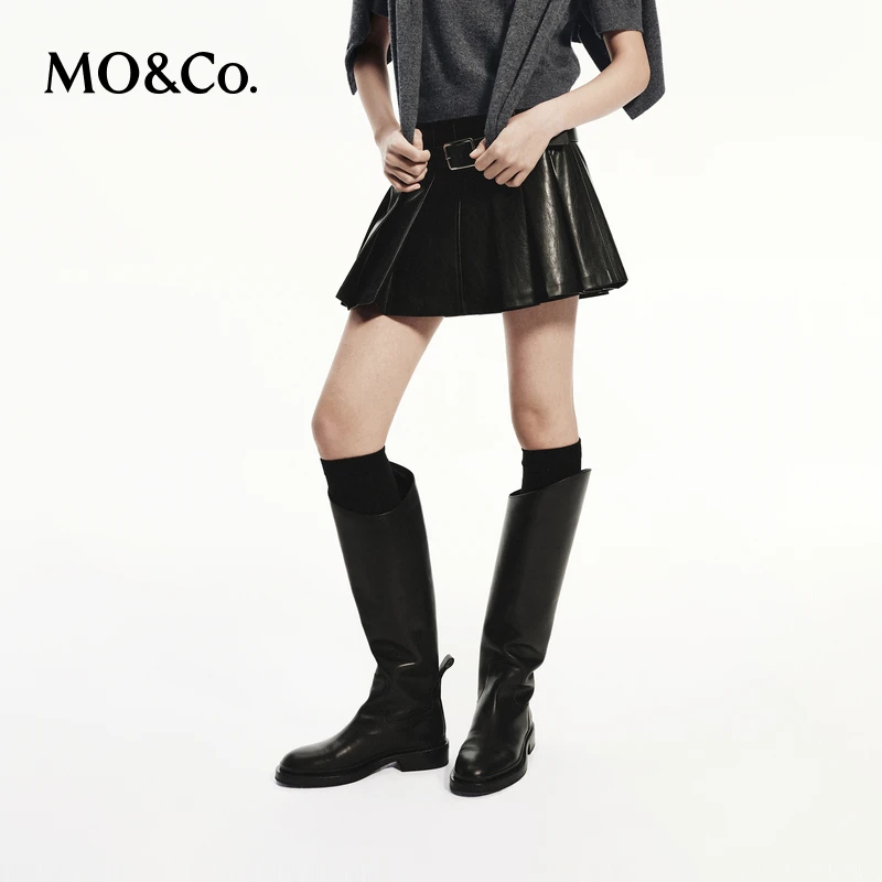 MOCO秋(附腰带)中低腰素皮压褶A字短裙半身裙MBD3SKT046