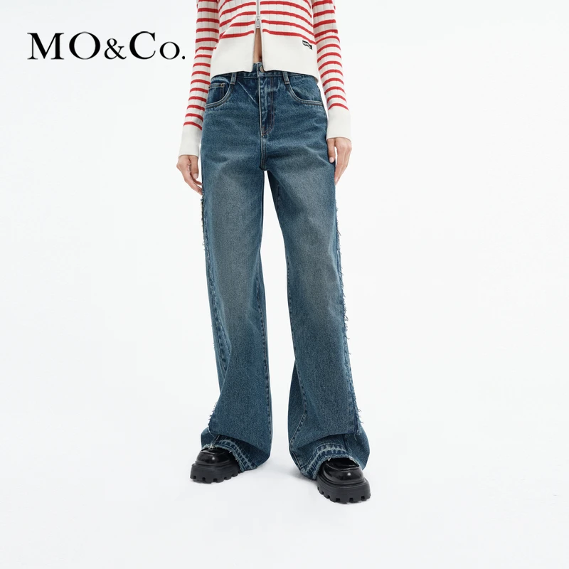 MOCO冬解构拼接须边长直筒宽松阔腿牛仔裤MBC4JENT12