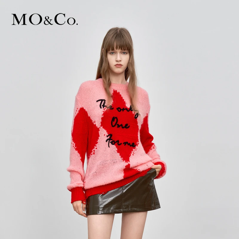 MOCO春秋SLOGAN精致刺绣撞色菱格漏针含羊毛毛衣针织MBB3SWT028