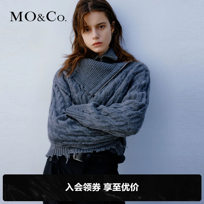 MOCO冬防寒复古绞花肌理高领翻领宽松短款毛衣MBC4SWTT14