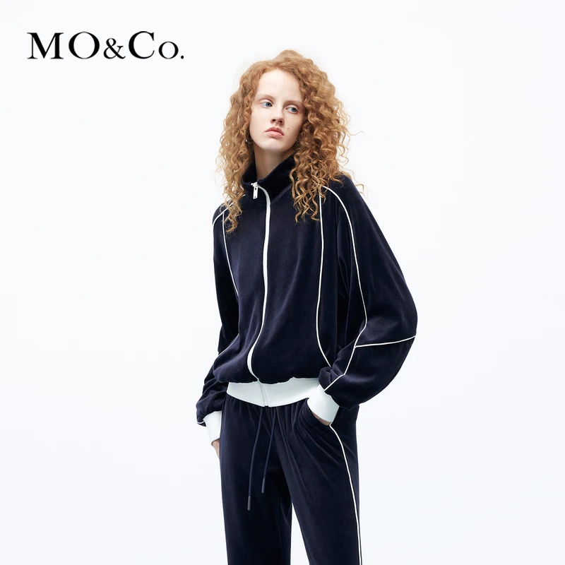 MOCO秋丝绒感撞色白条高领短外套美式复古运动MBC3COTK02