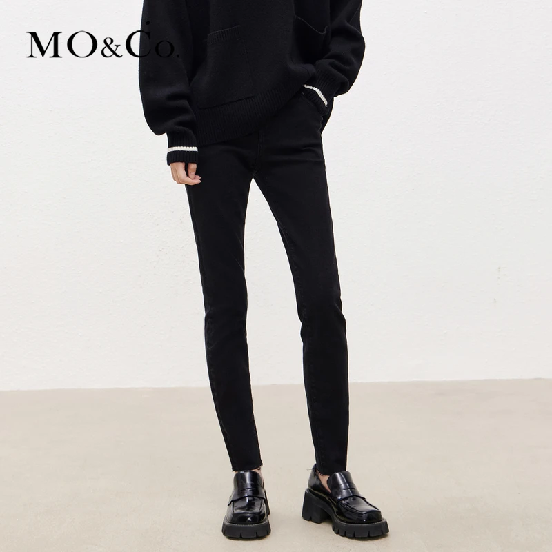 【防寒】MOCO冬季黑色小脚裤棉质高腰修身弹力牛仔裤MBC4JENT04