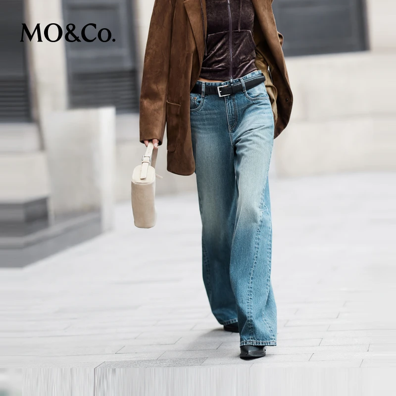 MOCO牛仔裤冬高腰棉质解构阔腿复古蓝色长裤MBD4JENT01