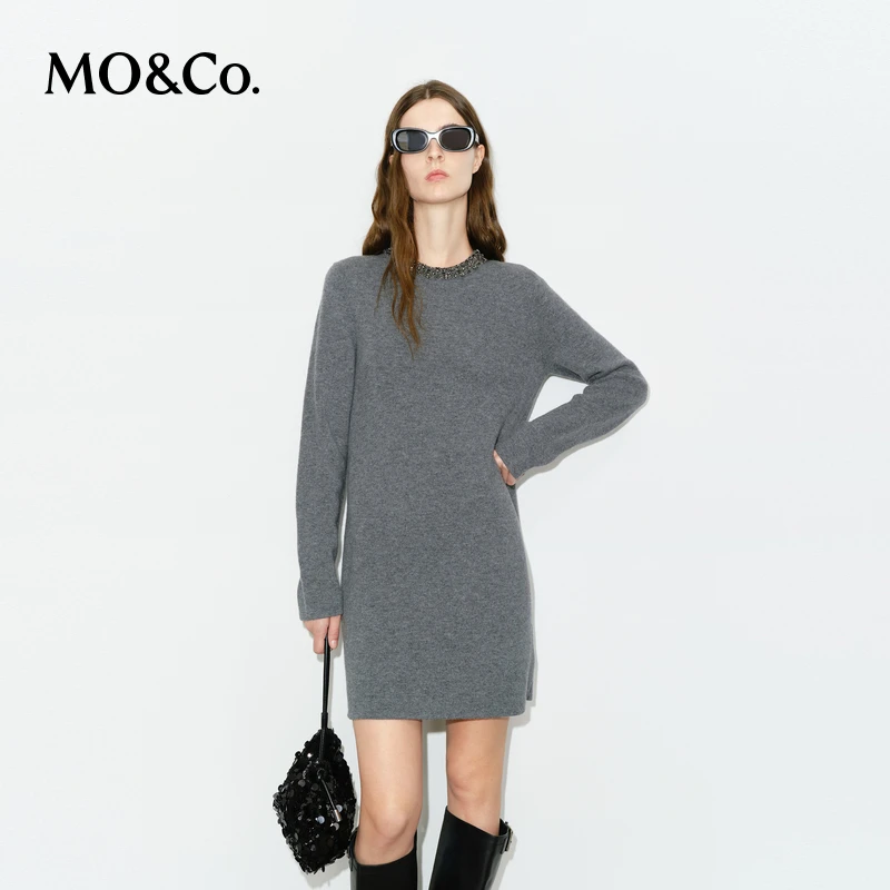 【流光风】MOCO冬绵羊毛×山羊绒手工钻饰领连衣裙MBD4DRS042