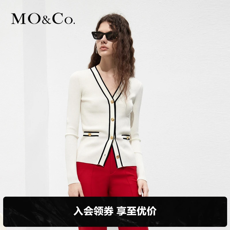 MOCO春秋季天丝混纺金扣V领撞色边修身针织开衫小香风MBC1CAR005