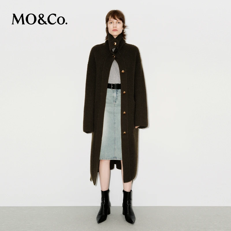 MOCO针织开衫冬长款高领宽松毛织外套附腰带MBD4CART07