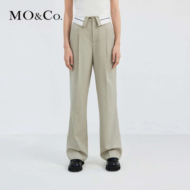 MOCO春绵羊毛混纺翻折高腰压褶直筒阔腿西裤MBC1PATT03