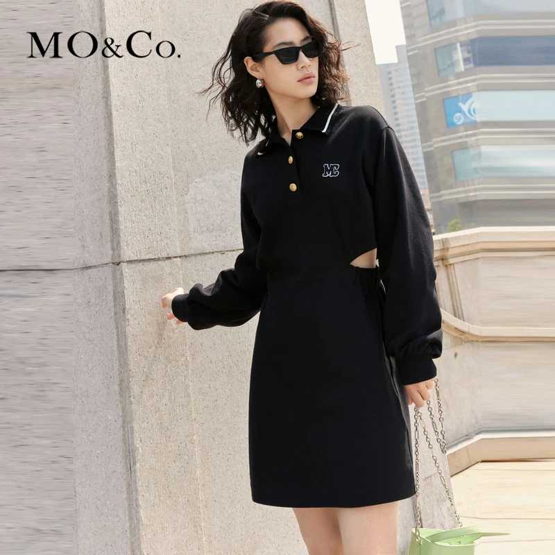 MOCO春季MC刺绣POLO领金扣镂空高腰短款连衣裙MBC1DRST18