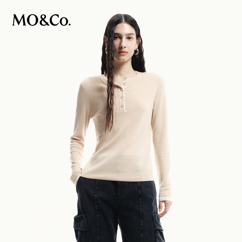 MOCO撞色正肩微修身百搭长袖针织衫MBD3SWTT04